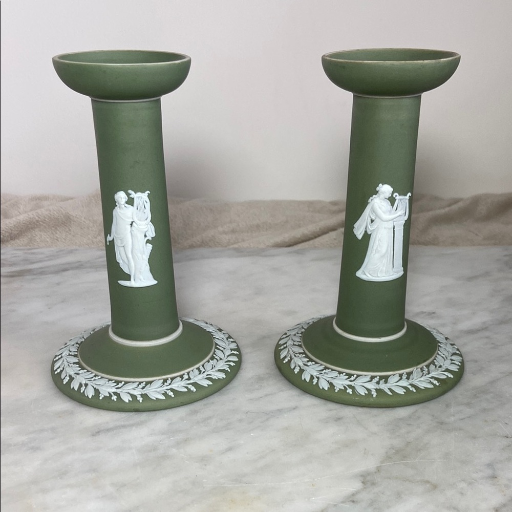 Pair of Green Wedgewood Jasperware England Greek Goddesses Candlesticks
